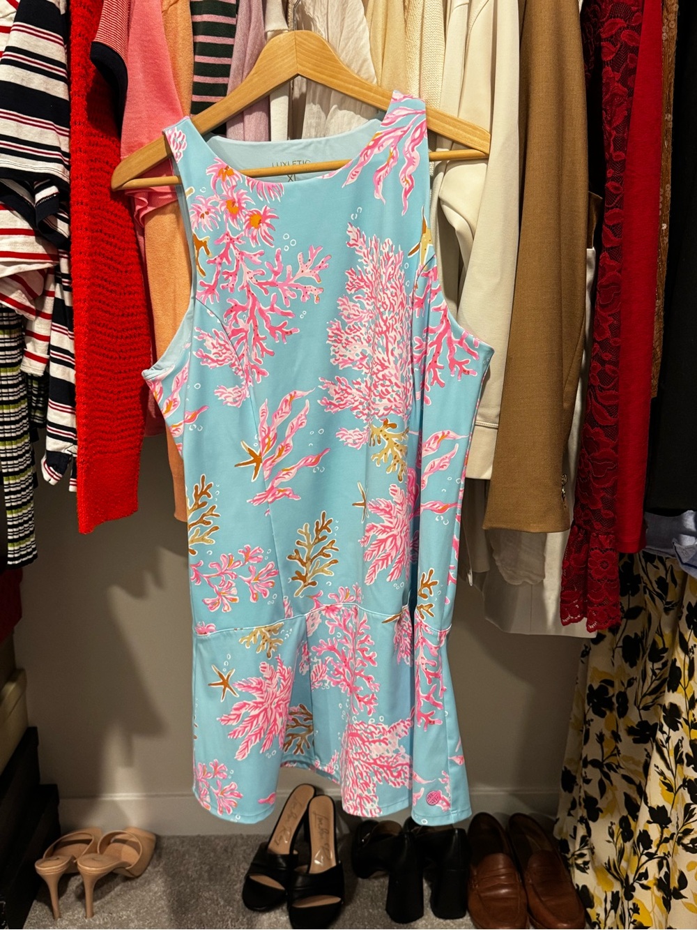 Lilly Pulitzer Westley Aqua Shift Tennis Dress with Pink Coral Print